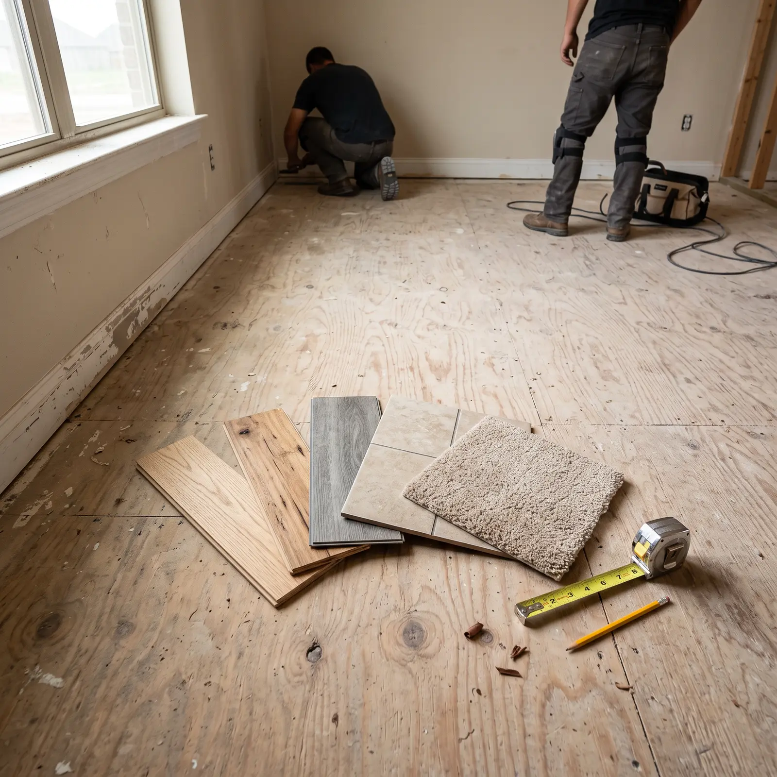 Wood, vinyl plank, tile and carpet samples laid out on a plywood subfloor