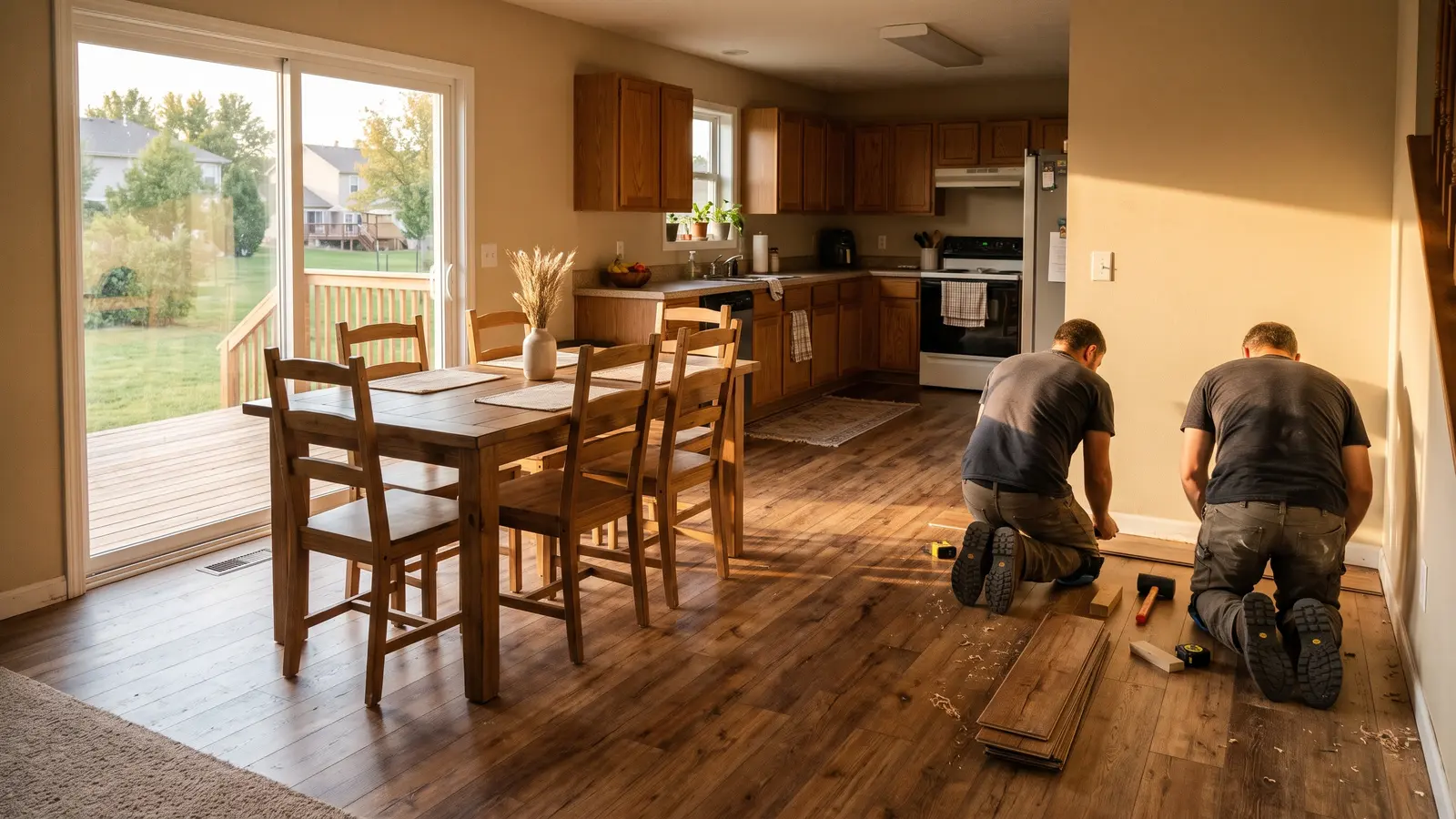 Dining and kitchen area of a Wichita-area home with continuous warm wood-look plank flooring at golden hour