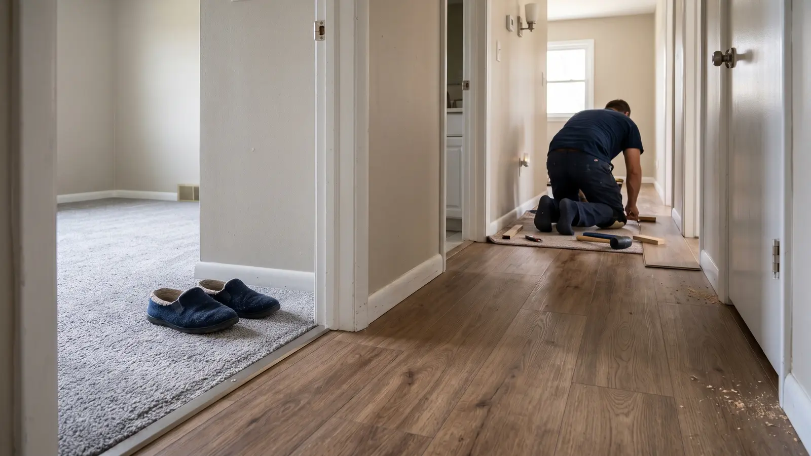 Wichita ranch home with new beige carpet in a bedroom and vinyl plank in the hallway