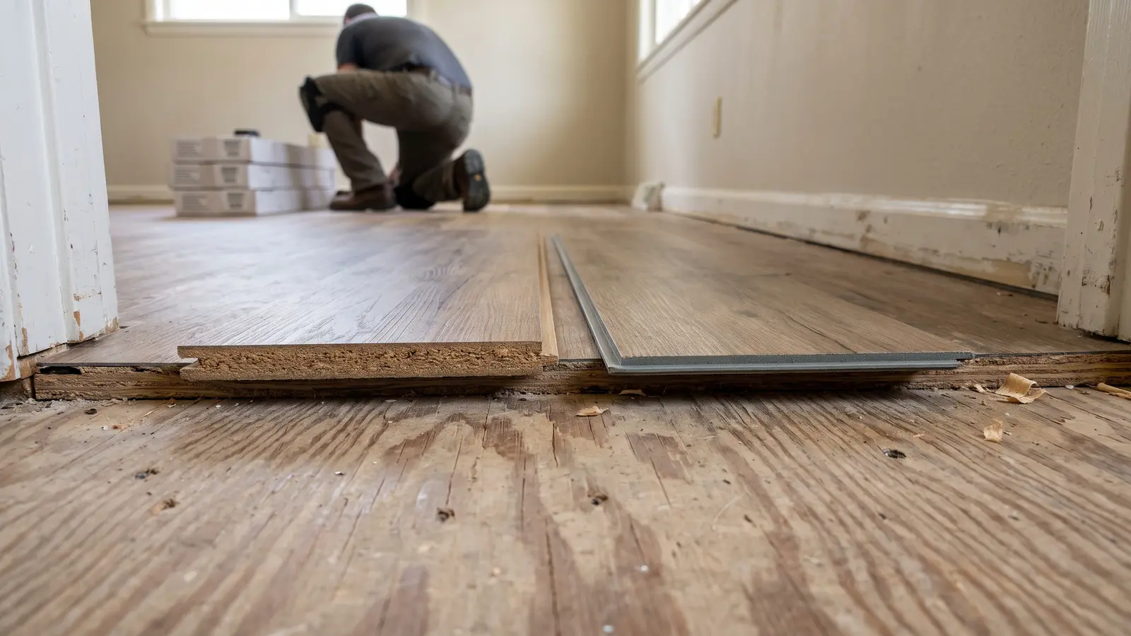 Side-by-side samples of oak-look laminate and vinyl plank flooring on a Wichita living room floor