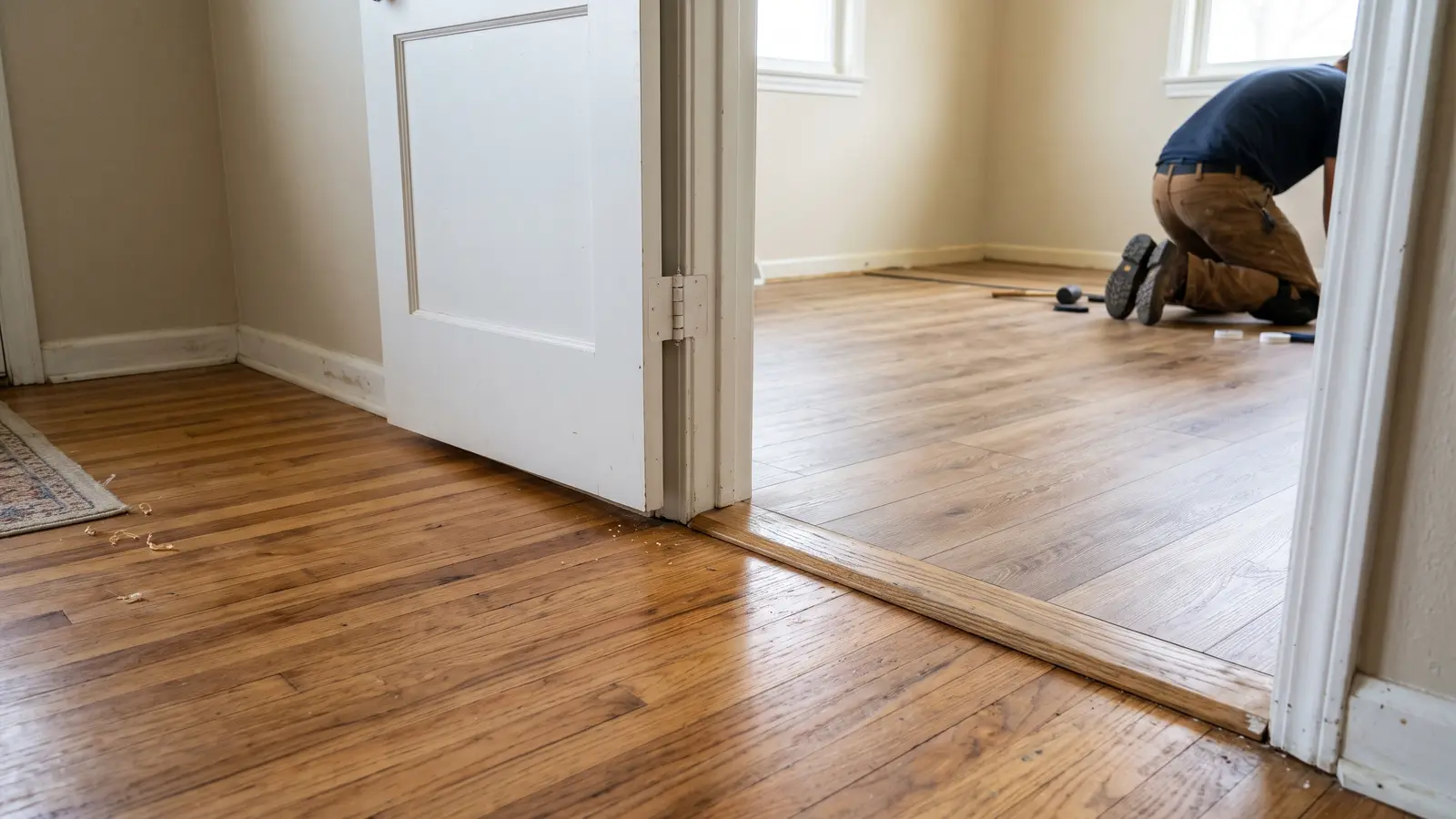 Refinished red oak hardwood floor beside wood-look vinyl plank in a Wichita home
