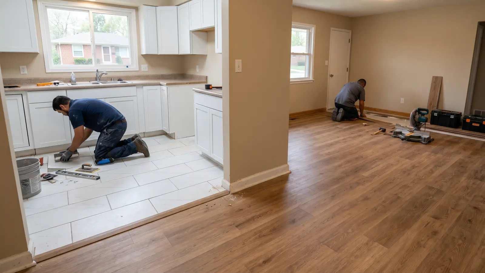Gray porcelain tile in a Wichita bathroom next to wood-look vinyl plank in the adjoining hallway