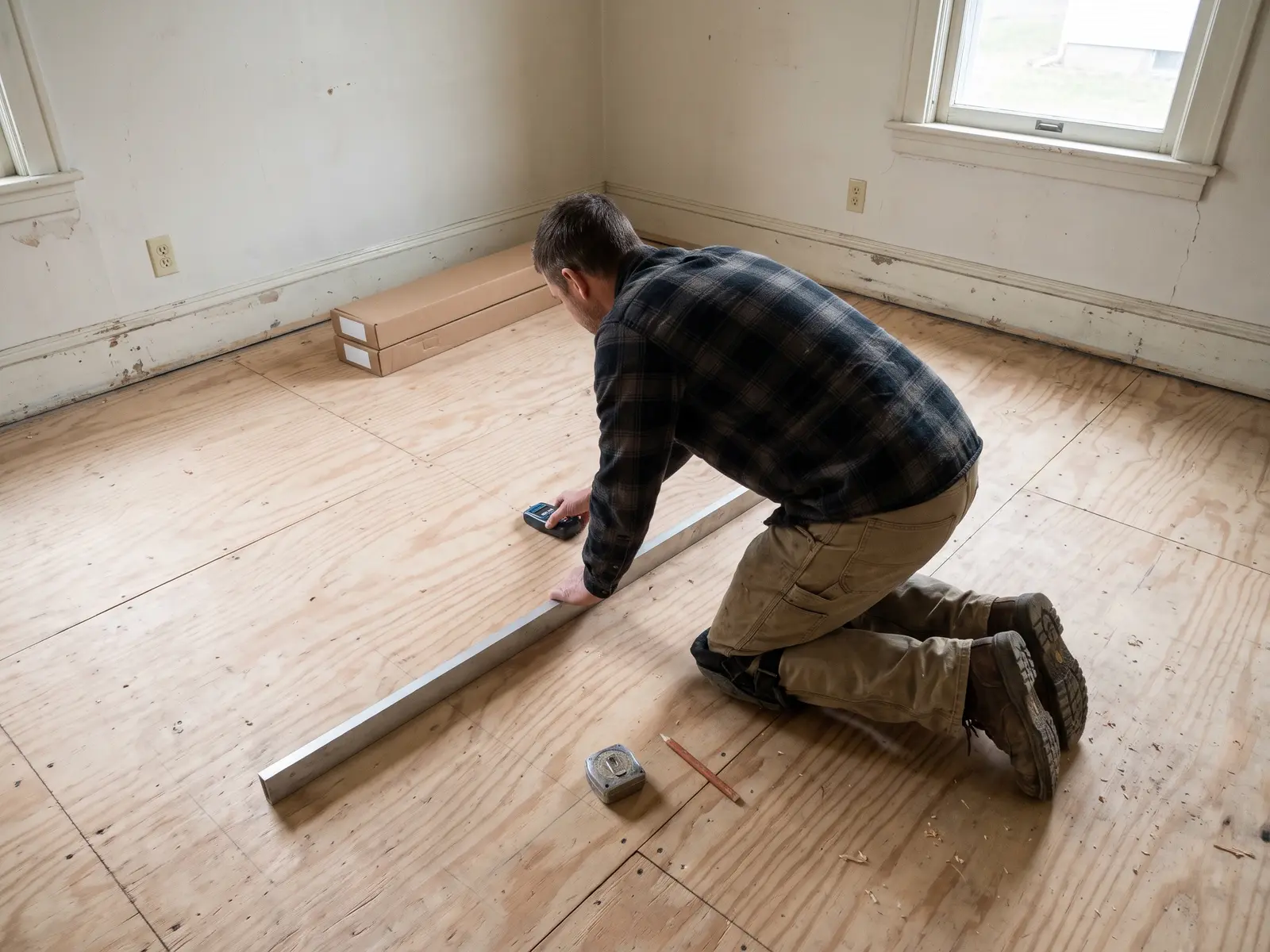 Flooring installer checking a plywood subfloor with a straightedge in a Wichita home
