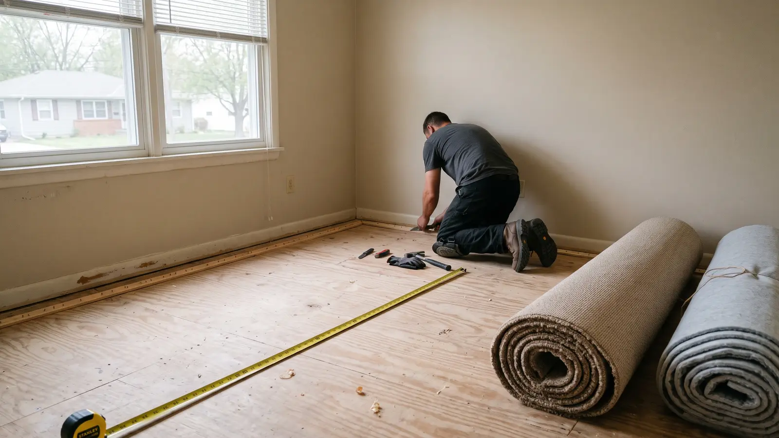 Installer stretching new beige carpet with a power stretcher in a Wichita bedroom