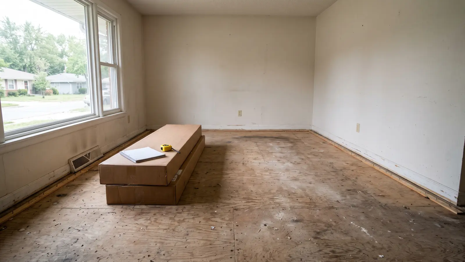 Wichita living room mid-install with LVP, carpet and tile samples laid side by side next to a tape measure