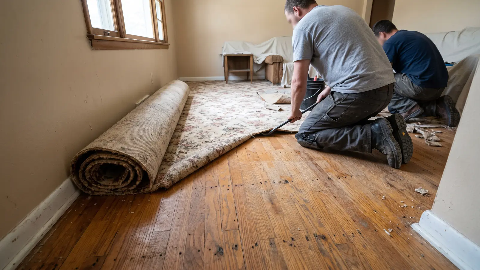 Freshly sanded oak floor in a 1950s Wichita home with tack strip removed and a drum sander by the doorway
