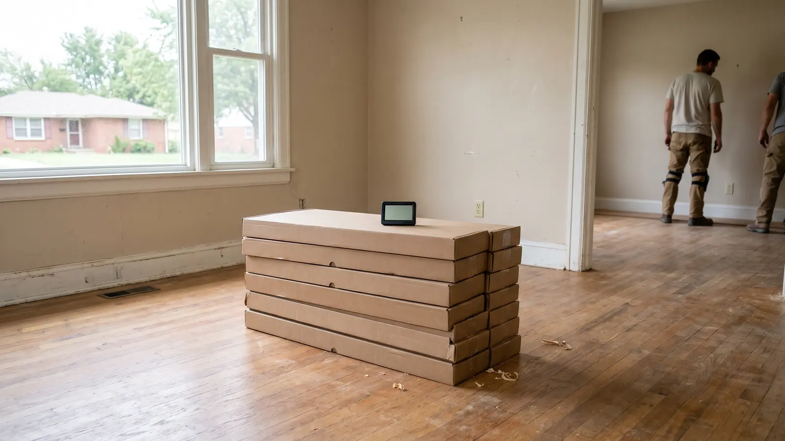 Boxes of flooring stacked to acclimate in a Wichita living room beside a hygrometer and a wall calendar