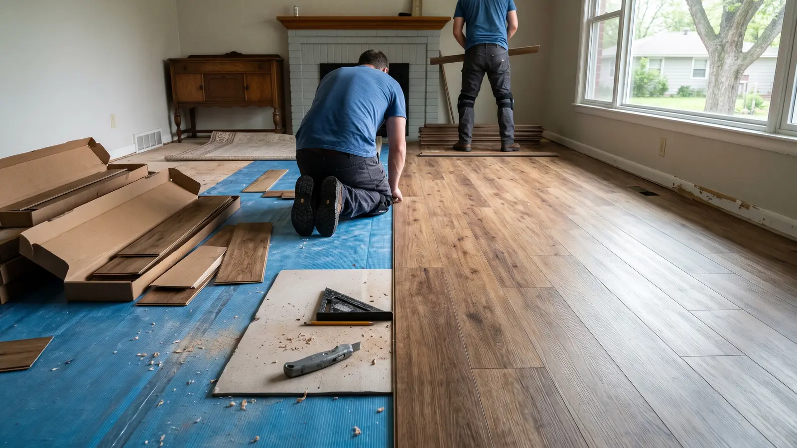 Installer clicking gray luxury vinyl planks together in a Wichita kitchen with a spacer at the wall