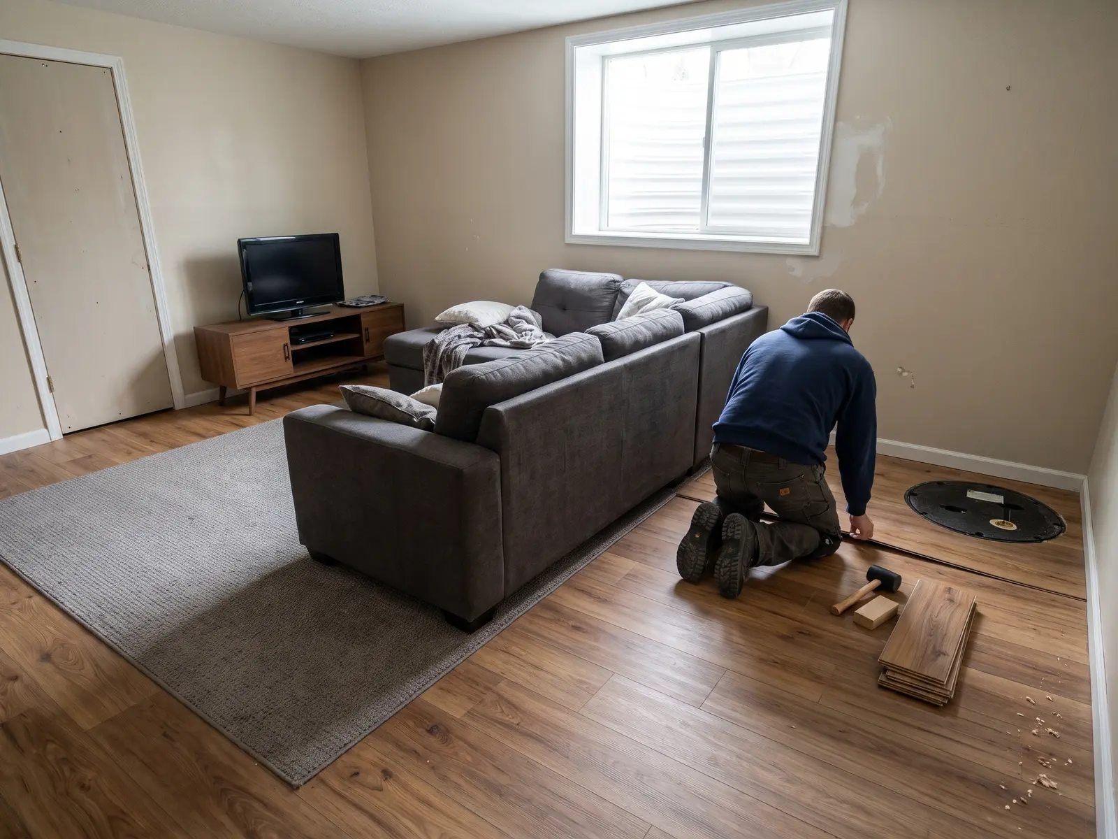 Finished basement family room in a Wichita, KS home with gray waterproof vinyl plank flooring over a concrete slab and a sectional sofa