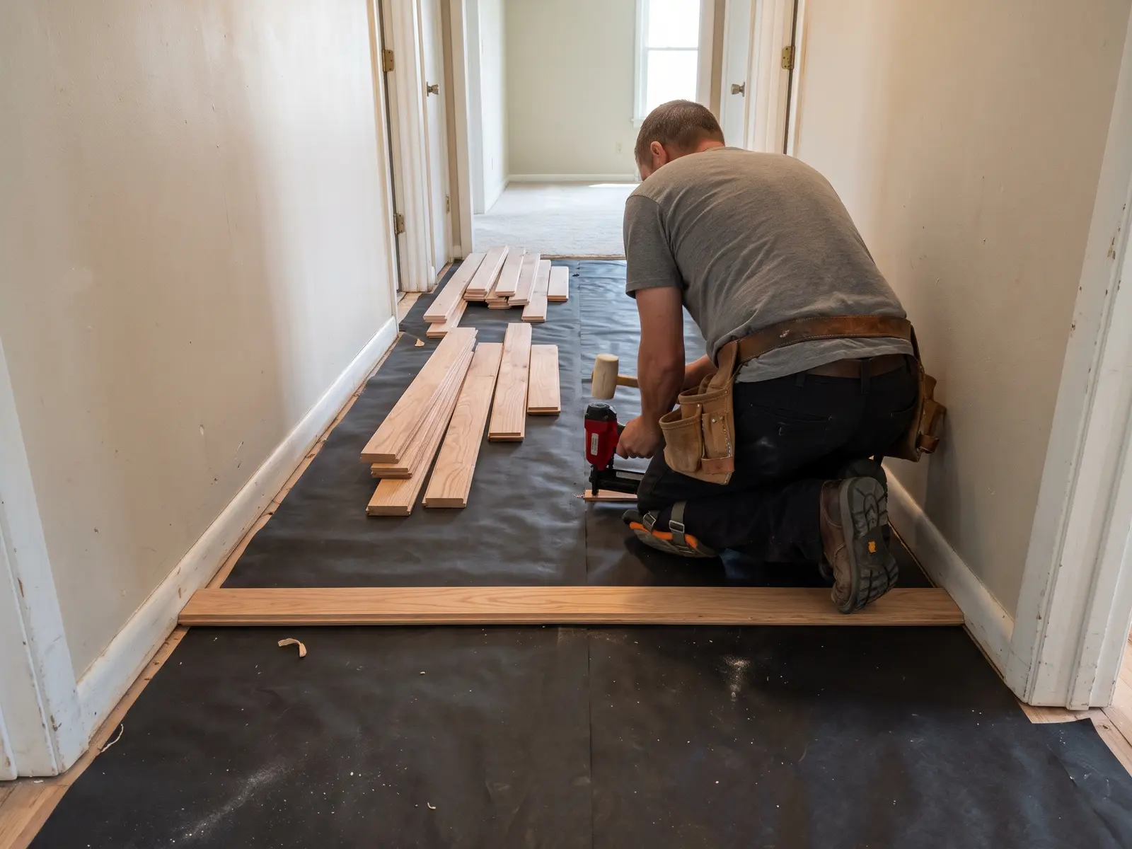 Newly installed natural red oak strip flooring in a Wichita dining room, with a flooring nailer and spare boards stacked near the doorway