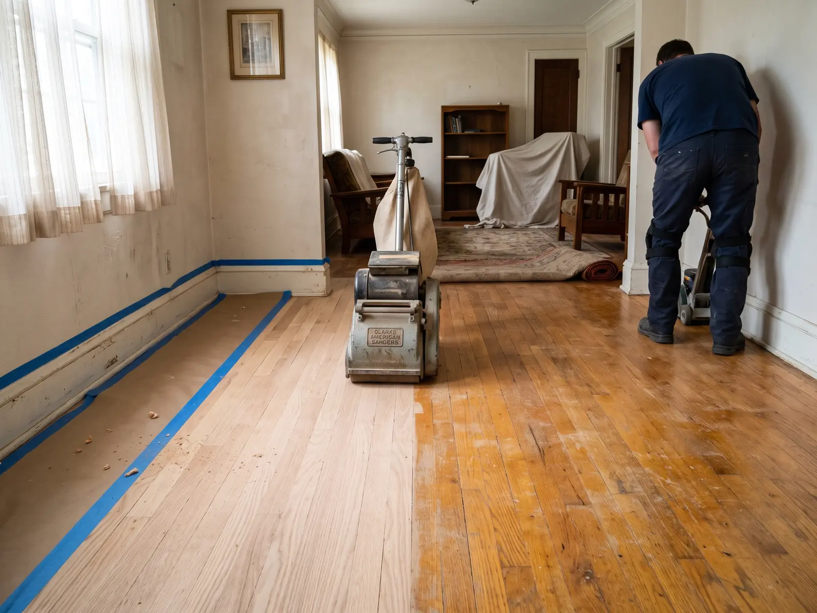 Half-sanded original oak floor in a 1950s Wichita living room, showing bare wood beside the old amber finish, with a drum sander near the wall