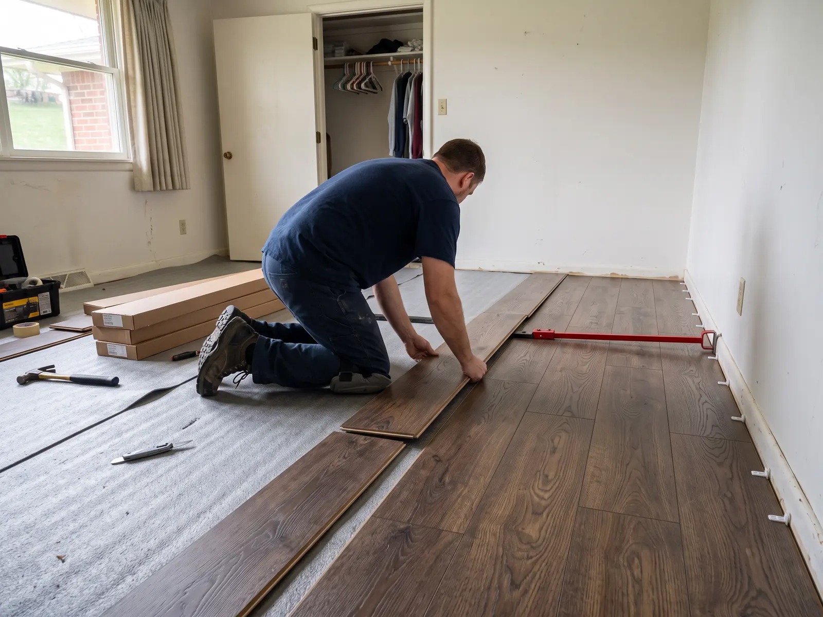 Oak-look laminate planks being clicked together over foam underlayment in a Wichita, KS living room, with spacers along the baseboard