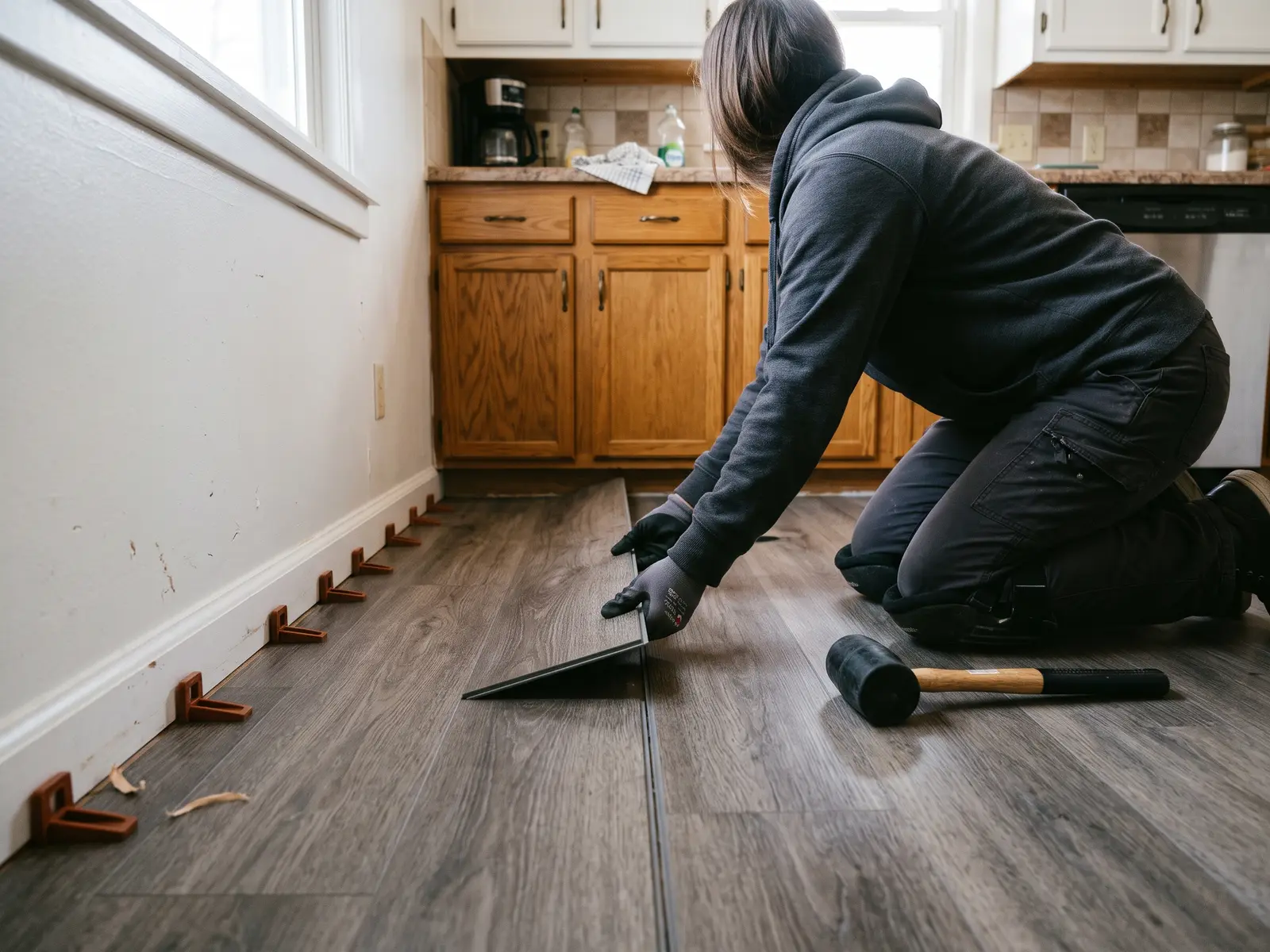 Installer clicking a gray oak-look luxury vinyl plank into place in an open Wichita living room, with spacers along the baseboard wall