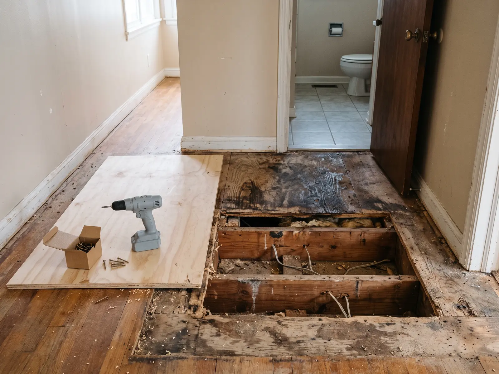 New plywood subfloor patch screwed down beside a toilet flange in a Wichita, KS bathroom, with old flooring removed and joists visible at the edge