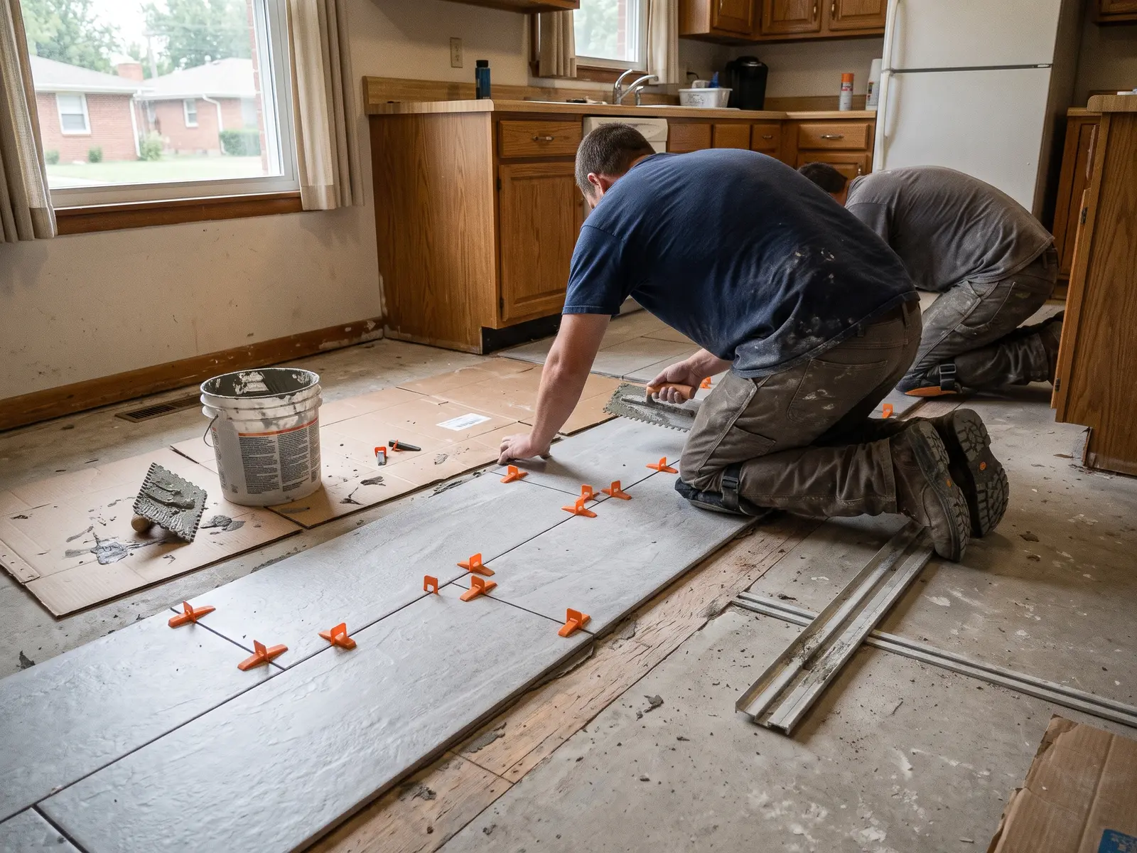 Large gray porcelain floor tile being set with a level and spacers in a Wichita, KS kitchen, with thinset troweled on cement board