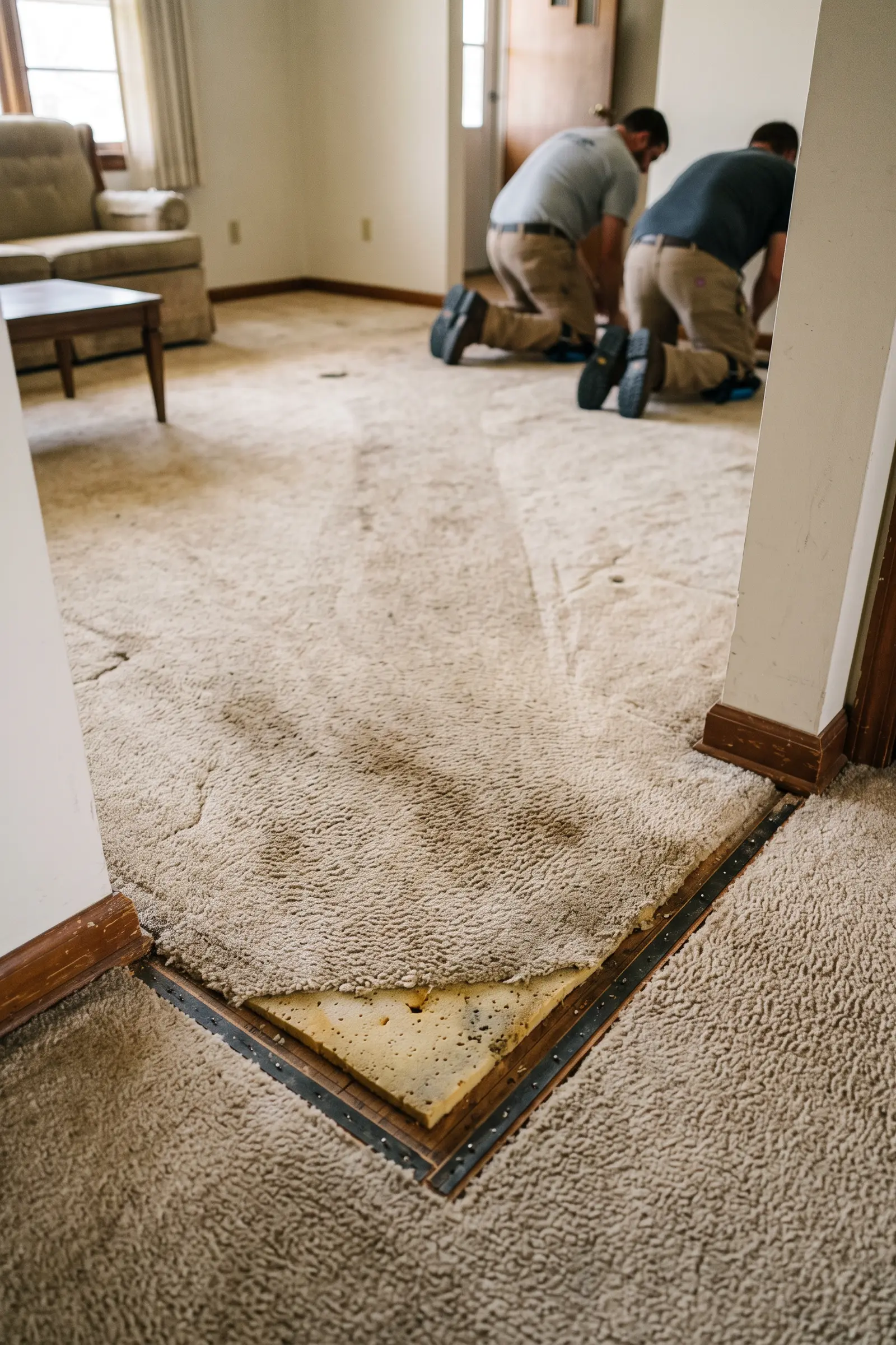 Worn beige carpet with a pulled-up corner showing old padding and tack strip